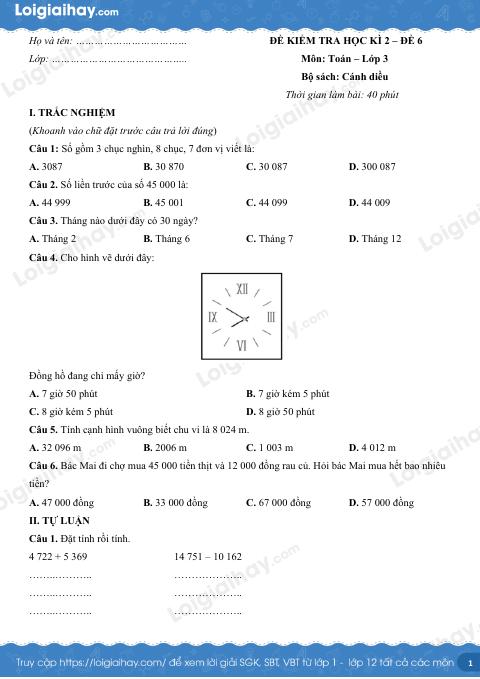 Đề kiểm tra học kì 2 Toán 3 Cánh diều - Đề số 6